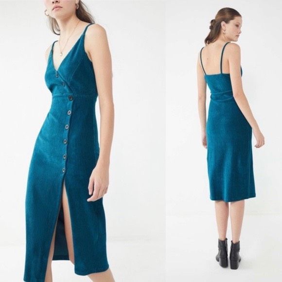 Urban Outfitters Dresses & Skirts - Urban outfitters teal velvet corduroy front slit midi dress w button detail